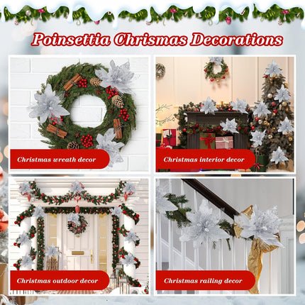 Riceshoot Poinsettia Flower Artificial Poinsettia with Clips Christmas Decor Glitter Poinsettia Christmas Ornaments Christmas Tree Flower Decoration with Stem Xmas Wreath Holiday Home Decor(Silver)