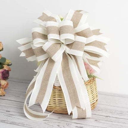 MEEDEE Burlap and White Stripe Ribbon 2.5 Inch Burlap Wired Ribbon with Ivory Burlap Edge Burlap Stripe Wired Ribbon for Wreath Garland Topper Bow Making Fall Christmas Wedding Decorations (10 Yards)