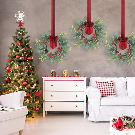 XJar 6 Pcs Mini Christmas Wreaths with Snowy Pine Needles，Pine Cone, Berry and Plaid Bow Ribbon Hanging Decorative for Cabinets Kitchen Window Outdoor Indoor Chair Wall Decor