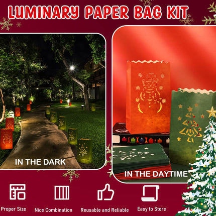 Sabary 50 Set Christmas Luminary Bags with Flameless Candles LED Tea Lights Paper Xmas Luminaries Bags Outdoor Red and Green with Tree, Snowman, Gnome Design for Christmas Party (Snowman)
