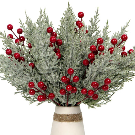 30Pcs Artificial Pine Branches with Red Berry Stems Assorted Faux Cedar Leaves Sprigs Holly Berries Twigs Christmas Tree Picks Greenery Sprays for DIY Craft Wreath Garland Holiday Season Décor (Snow)