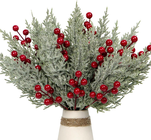 30Pcs Artificial Pine Branches with Red Berry Stems Assorted Faux Cedar Leaves Sprigs Holly Berries Twigs Christmas Tree Picks Greenery Sprays for DIY Craft Wreath Garland Holiday Season Décor (Snow)