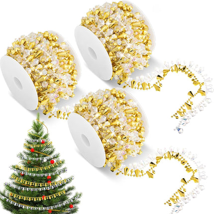 Geetery 100 Feet 3 Rolls Christmas Tree Crystal Beads Garland, Diamond Crystal String Shimmer Bead Garland for Xmas Wedding Party Decoration Crafting (Gold Iridescent Mix)