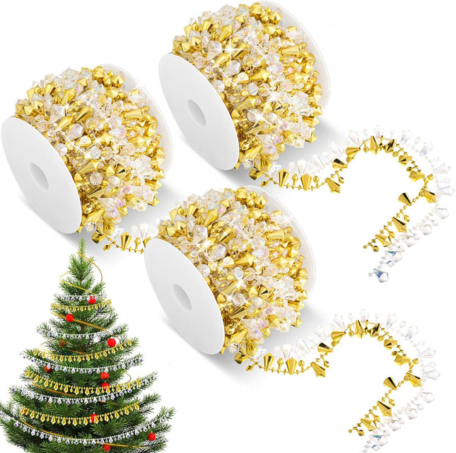 Geetery 100 Feet 3 Rolls Christmas Tree Crystal Beads Garland, Diamond Crystal String Shimmer Bead Garland for Xmas Wedding Party Decoration Crafting (Gold Iridescent Mix)