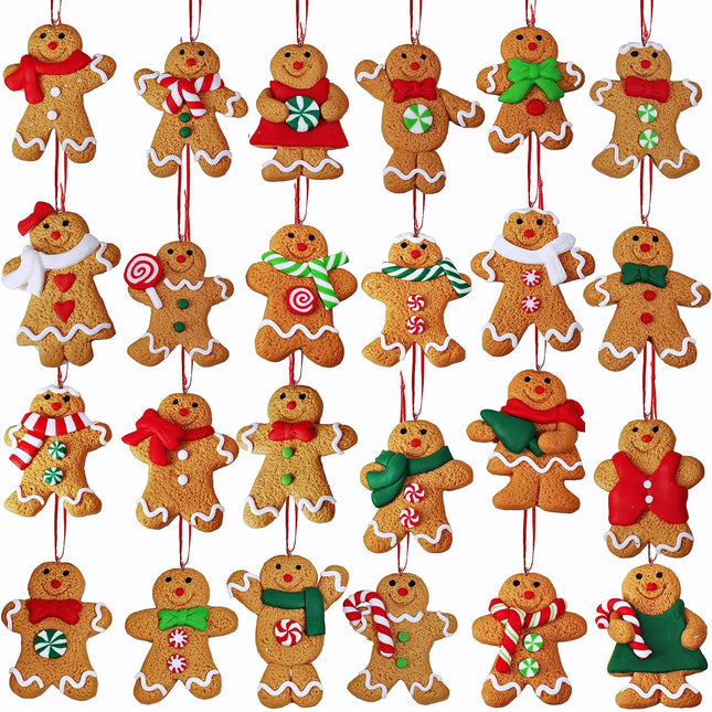 Winlyn Set of 24 Christmas Gingerbread Ornaments Bulk Clay Figurine Ornaments Gingerbread Family Dolls Gingerman Hanging Tree Ornaments for Holiday Stocking Stuffers Tree Wreath Mantel Decor