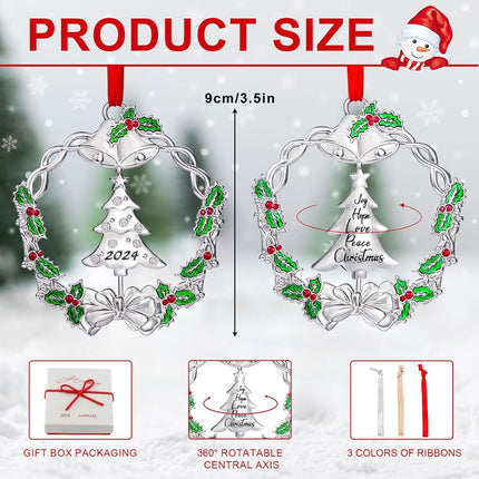Christmas Ornament for Xmas Tree Decorations Hanging Metal Christmas Wreath with Rotatable Tree Dated Silver Holiday Decorative Ornaments Keepsake for Family Friends