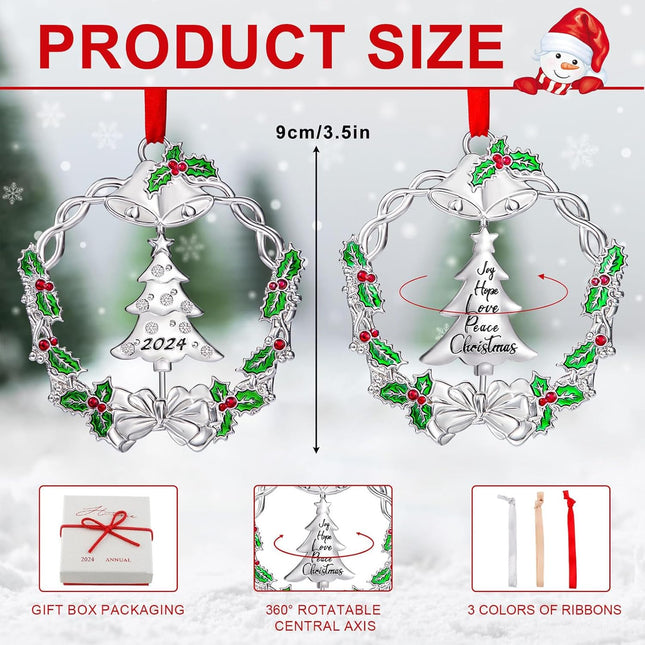 Christmas Ornament for Xmas Tree Decorations Hanging Metal Christmas Wreath with Rotatable Tree Dated Silver Holiday Decorative Ornaments Keepsake for Family Friends