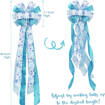 MEEDEE Blue Christmas Tree Topper 12" Wide Glitter Christmas Bows Snowflake Ribbon Bow Blue Tree Topper Blue Bows for Christmas Tree Decorations (1 Pack)