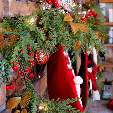 6FT Christmas Lighted Garland, Battery Operated Christmas Garland with Lights, Pre Lit Garland with Red Balls for Indoor Home Fireplace Winter Christmas Holiday Year Decoration