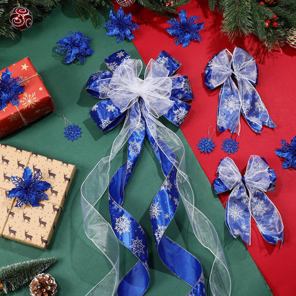 Zeyune 37 Pcs Christmas Tree Decoration Set with Large Christmas Decorative Bow Topper 12 Glitter Poinsettia Flowers 12 Plastic Xmas Snowflake 12 Ribbon Bow for Holiday Party Ornaments (Blue)