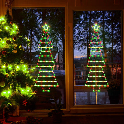 Christmas Lights Decorations, 4.4 FT LED Christmas Tree Shaped Ladder Lights with Star, Plug-in Waterproof 8 Modes Christmas Window Hanging Lights for Indoor Outdoor Wall Door Xmas Decor