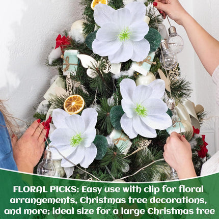 6 Pcs Christmas Magnolia Artificial Flowers 9 inch Christmas Tree Wreaths Garland DIY Ornaments Large Decorative Faux Magnolia Floral Picks with Clip for Xmas Holiday Party Party Decor