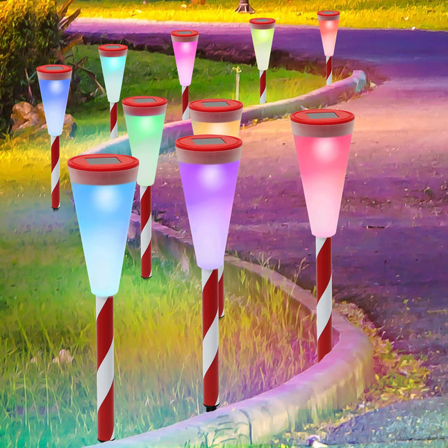 Dynaming 10 Pack Solar Christmas Garden Lights, Solar Powered Outdoor Color Changing Christmas Pathway Markers, Waterproof & Auto On/Off Candy Cane Lights for Xmas Patio Yard Walkway Driveway Decor