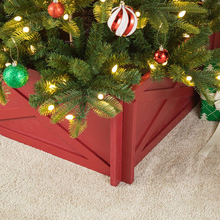 Glitzhome 24.5" L Farmhouse Handcrafted Wooden Tree Collar Tree Base Cover Decorative Christmas Tree Skirt Tree Box, Red