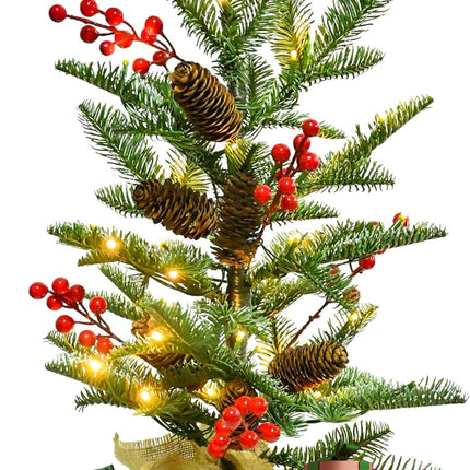 2FT Pre-lit Mini Christmas Tree with 30 LED Lights, Battery-Operated Tabletop Tree with Timer, Pine Cones & Berries – Ideal for Party Decorations and Holiday Décor
