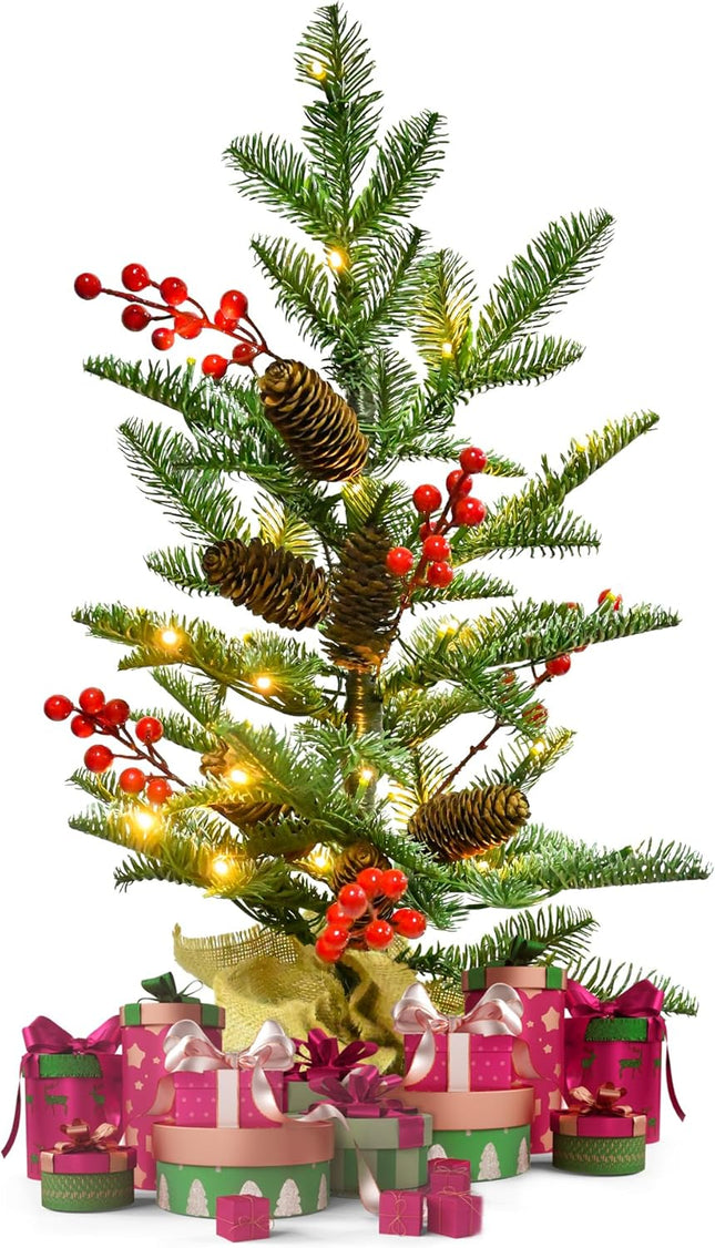 2FT Pre-lit Mini Christmas Tree with 30 LED Lights, Battery-Operated Tabletop Tree with Timer, Pine Cones & Berries – Ideal for Party Decorations and Holiday Décor