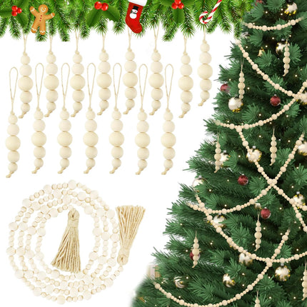 Soaoo 16 Pcs Boho Christmas Tree Ornaments Wood Bead Garland Set 15 Pcs Hanging Boho Christmas Decor Boho Beads Galand with Tassel Natural Rustic Country Wood Bead Hanging Decorations for Xmas