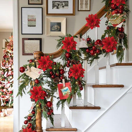 12PCS Christmas Poinsettia Artificial Flowers,Xmas Red Glitter Silk Flowers with Clips and Steams for DIY Christmas Tree Decorations Stairs Wreath Ornaments Home Party
