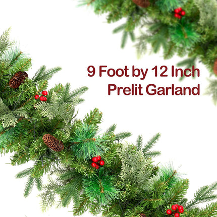 9FT Pre-Lit Artificial Christmas Garland with 50 LED Lights and Realistic Nordic Spruce and Scotch Pine Berries Pine Cones Xmas Garland for Mantle Stair Railing Indoor Outdoor