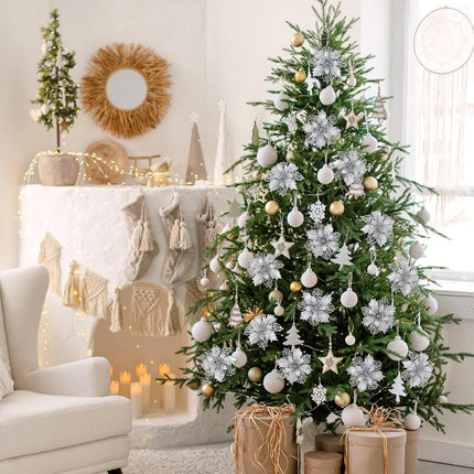 Waipfaru 12 Pcs Poinsettias Artificial Christmas Flowers, Silver Christmas Tree Decorations, White Glitter Christmas Ornaments for Xmas Wreath Garland Winter Wedding Decor