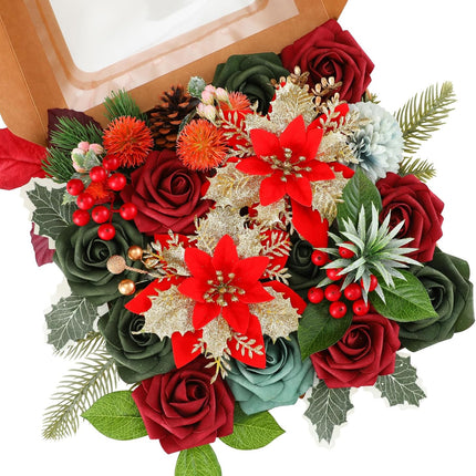 Christmas Artificial Flowers Poinsettia Christmas Flower Mix Silk Flowers Fake Roses with Stems for DIY Table Centerpieces Christmas Tree Xmas Wreath Holiday Home Party Decor