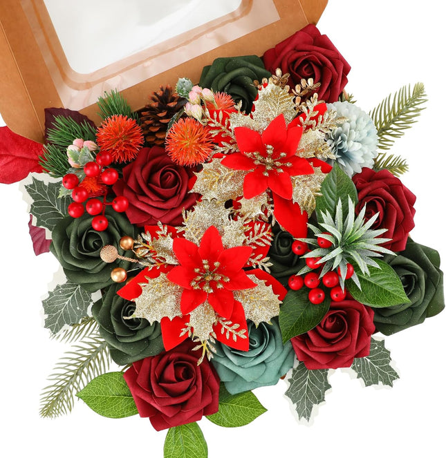 Christmas Artificial Flowers Poinsettia Christmas Flower Mix Silk Flowers Fake Roses with Stems for DIY Table Centerpieces Christmas Tree Xmas Wreath Holiday Home Party Decor