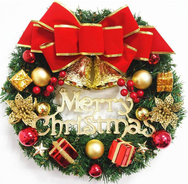 Christmas Wreath Reef for Front Door Window 13 Inch Pine Artificial Garland with Bowknot, Bells, Deer, Red Berries, Cabinet Wreath for Christmas Party Decor, Front Door Window Wall Wreath