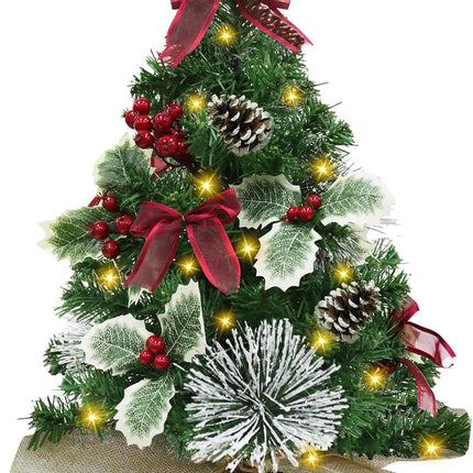 20 Inch Tabletop Mini Christmas Tree with Lights & Timer 20 LEDs Holly Leafed Berried Red Bows Decorated Artificial Small Christmas Tree with Lights Christmas Decorations for Xmas Home Decor