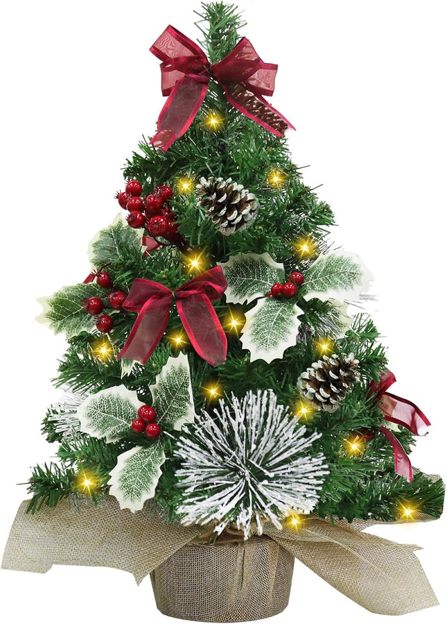 20 Inch Tabletop Mini Christmas Tree with Lights & Timer 20 LEDs Holly Leafed Berried Red Bows Decorated Artificial Small Christmas Tree with Lights Christmas Decorations for Xmas Home Decor