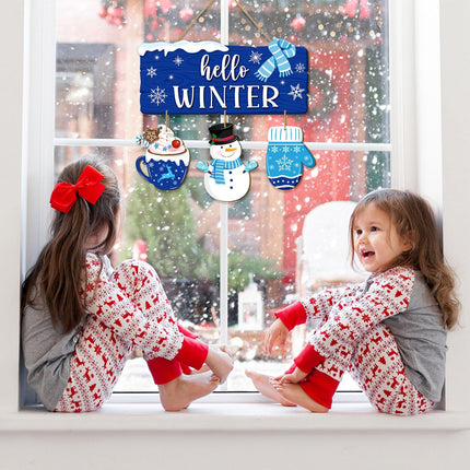 Christmas Hello Winter Door Sign, Winter Snowman Wooden Hanging Sign, Welcome Xmas Wall Decor Blue Gloves Scarf Snowflakes Rustic Winter Wreath for Holiday Indoor Outdoor Home Decor