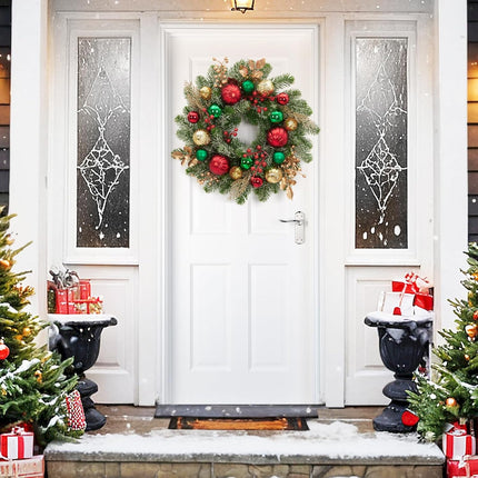 Adeeing 16" Christmas Wreath for Front Door, Lighted Christmas Wreath with 30 LED Lights Timer Red Green Gold Xmas Balls, Battery Operated Snow Flocked Winter Wreath for Fireplace Window Outdoor Decor