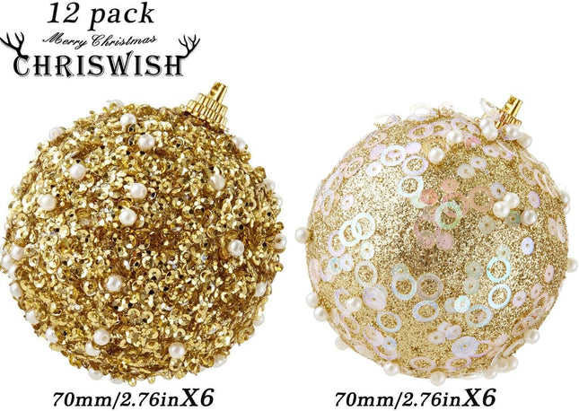12CT Christmas Ball Ornaments, Gold Christmas Ball Decorations Shatterproof Plastic Hanging Pearl Balls for Holiday Party(70mm/2.76")