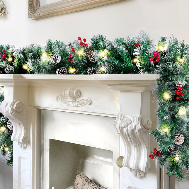Christmas Garland with Lights, 9FT Artificial Lighted Garland Indoor for Stairs, Fireplace, 50 Lights Green Garland, Pine Cones & Red Berries & Pine Needle
