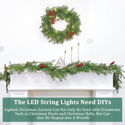 6Ft 20LED Christmas Garland - Cedar Garland - Cypress Garland Realistic-Feel PE Pine Garland Christmas Garland with Lights Timer Pinecone Berried Christmas Decoration for Mantle Fireplace Table Stairs