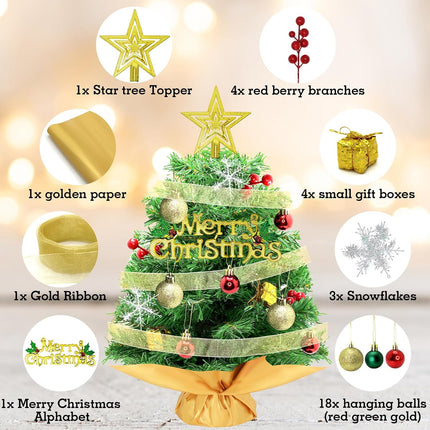 24 Inch Small Christmas Tree, Tabletop Christmas Tree with Star Treetop, Ornaments Balls, Merry Christmas Placard, Snowflakes, Golden Ribbon, Ornaments and Red Berries, Christmas Table Decorations