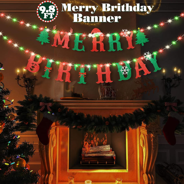 Merry Birthday Banner with Light, Christmas Birthday Party Decorations with 8 Modes Flashing String Lights for Kids Birthday Party Decorations, Christmas Birthday Garland Wall Fireplace Home Decor