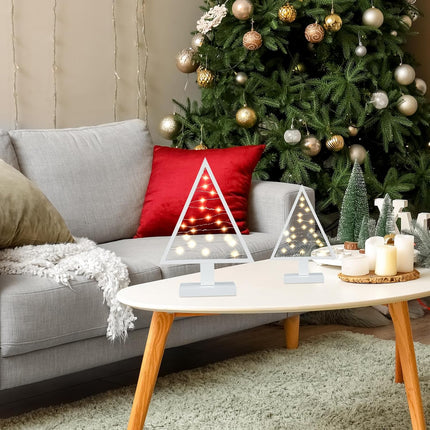 Wood Christmas Tree with Lights White Modern Farmhouse Light up Christmas Tree for Home Tabletop Fireplace Shelf Decor Battery Operated Holiday Decorations Set of 2(Large 13.4", Small 9.8")