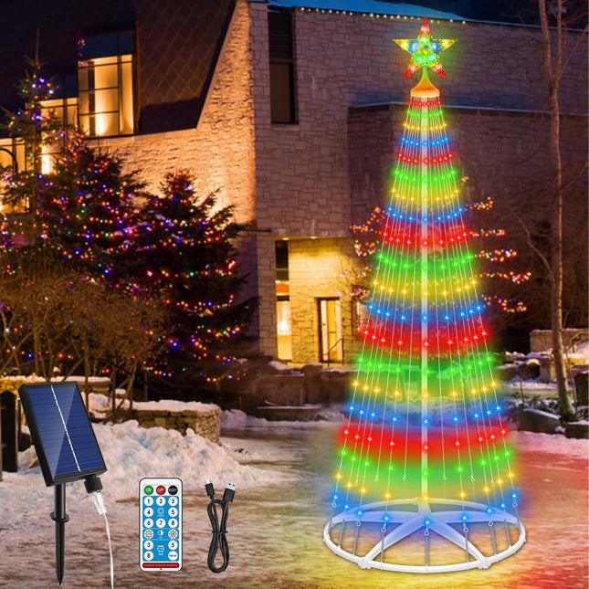 Outdoor Solar Christmas Cone Tree Lights, 7.5ft 312LED Christmas Tree Light Show with 8 Modes Timer Remote, Lighted Artificial Tree USB Charge for Xmas Yard Porch Patio Party Holiday Decor, Multicolor