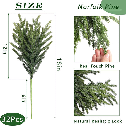 32 Pcs Real Touch Norfolk Pine Branch -18" Artificial Christmas Green Plants Branches Faux Greenery Stem Fake Cedar Pine Picks for Vase DIY Crafts Garland Wreath Xmas Indoor Outdoor Home Decor