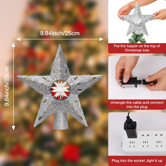 Christmas Tree Topper Lighted Star, Christmas Tree Decorations Topper LED Projection Light, 3D Glitter Dynamic Projection for Xmas Party Holiday Decorations (Silver)