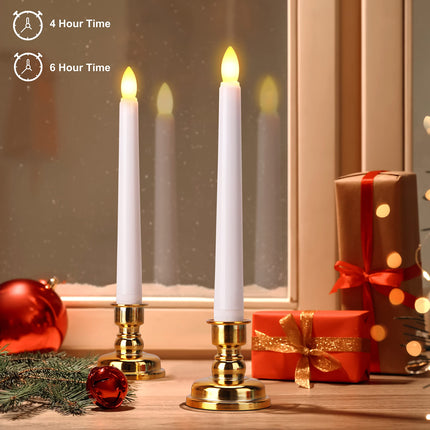 POWER Flameless Window Candles with Gold Candle Bases, Battery Operated Taper Candle with 4H/6H Daily Timer, Remote Window Candle with Unique Flame