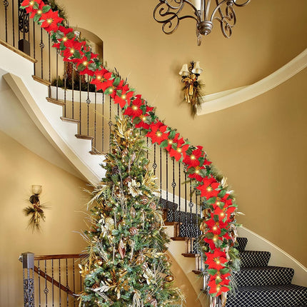 Twinkle Star 2 Pack Pre-Lit Christmas Poinsettia Garland with Red Berries and Holly Leaves, 6 FT Velvet Artificial Flower Xmas String Lights, Battery Operated Cordless Indoor Outdoor Home Decorations