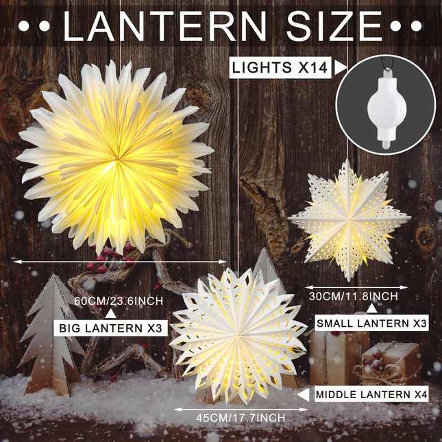 Riakrum 10 Pcs Snowflake Paper Lantern Paper Star Lantern with 14 LED Light Paper Lamp Frozen Party Hanging Decoration for Christmas Weddings Year Birthday Holiday Celebration, White
