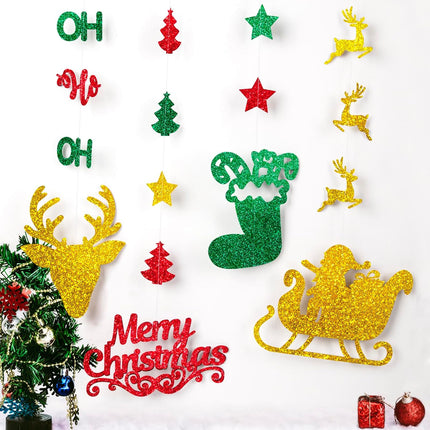 Glitter Christmas Hanging Banner Garland Decorations - Reindeer, Santa hat, Stocking, Tree, Santa Claus and More - Indoor/Outdoor Party Supplies for Birthday, Home, Office, Classroom