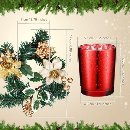 Set of 12 Christmas Votive Candle Holders with Berry Candle Rings, 6 Glass Votive Tealight Holders with 6 Christmas Candle Rings for Christmas Centerpiece Table Decor(Gold,Trendy)