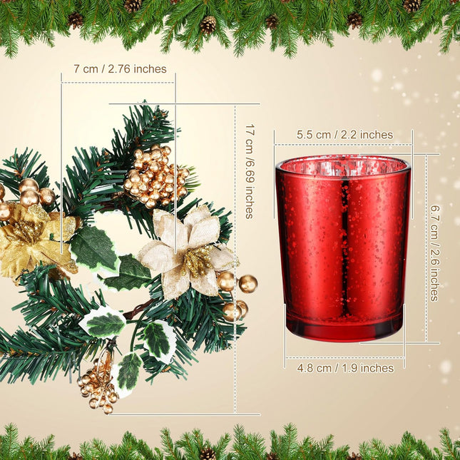 Set of 12 Christmas Votive Candle Holders with Berry Candle Rings, 6 Glass Votive Tealight Holders with 6 Christmas Candle Rings for Christmas Centerpiece Table Decor(Gold,Trendy)