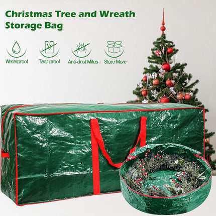 Christmas Tree Storage Bag 52" and Christmas Wreath Storage Bag 30" - Storage 7.5 Foot Artificial Xmas Holiday Tree with Handles, Dual Zipper, Durable Waterproof Material（Green）