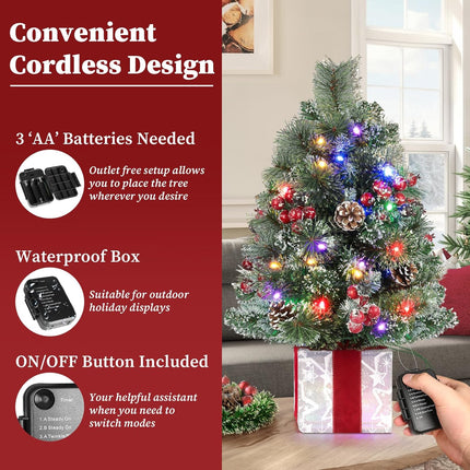 Brightever 2FT Small Christmas Tree, Prelit Mini Christmas Tree with 50 Multi-Color LED Lights, Unique Box Base, Battery Operated Little Xmas Tree for Table Top, Pinecone & Berries Included