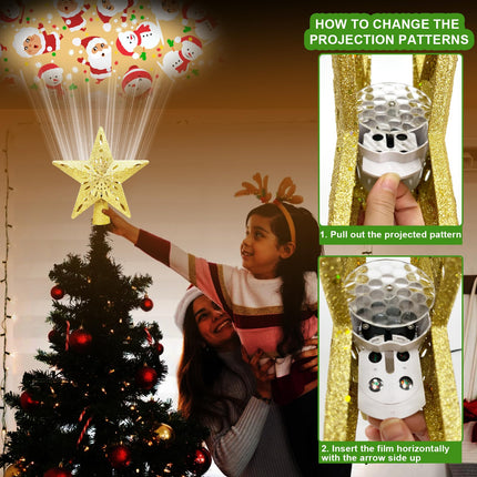 10" Christmas Tree Topper Projector with 6 Projection Modes, Built-in LED Rotating Light, 3D Glitter Dynamic Projector Light Up Tree Topper Star for Xmas Holiday Party Decorations s (Gold)