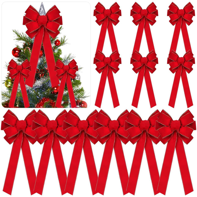 12 Pcs Large Christmas Red Bows Big Red Bow with Gold Edge Handmade Velvet Wreath Bow for Xmas Home Front Door Tree Topper Indoor Outdoor Wrapping Decoration, 15 x 44 Inch and 10 x 26 Inch